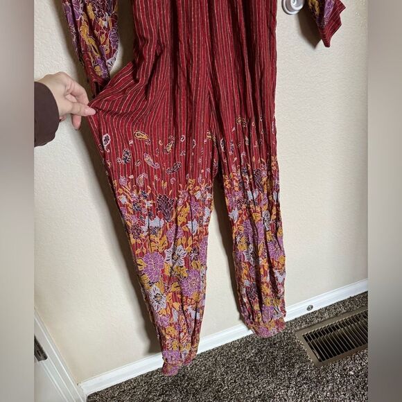 Anthropologie The Breezy Open-Back Jumpsuit Sz Small Bohemian Red Floral Details - Picture 5 of 9
